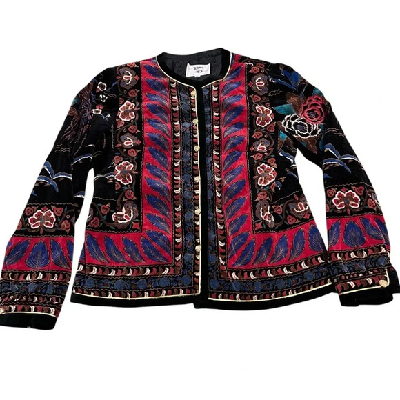 Saxon Hall Black Velvet Floral Print Jacket Vintage 11/12 - Picture 1 of 5